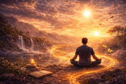 Imagen espiritual de meditación al amanecer representando equilibrio y armonización energética mediante Reiki.