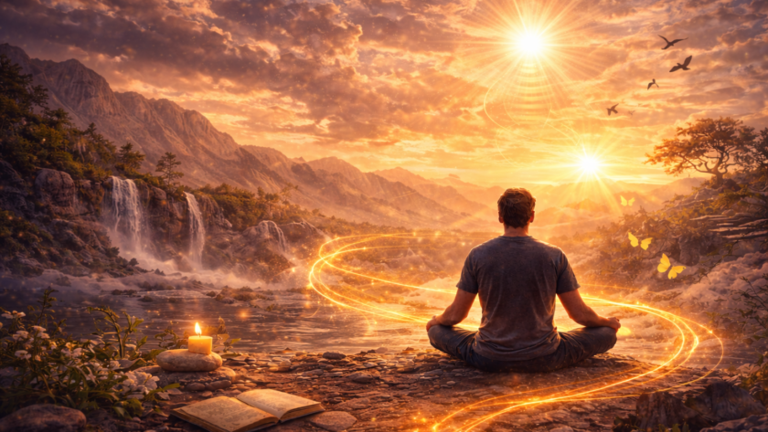 Imagen espiritual de meditación al amanecer representando equilibrio y armonización energética mediante Reiki.