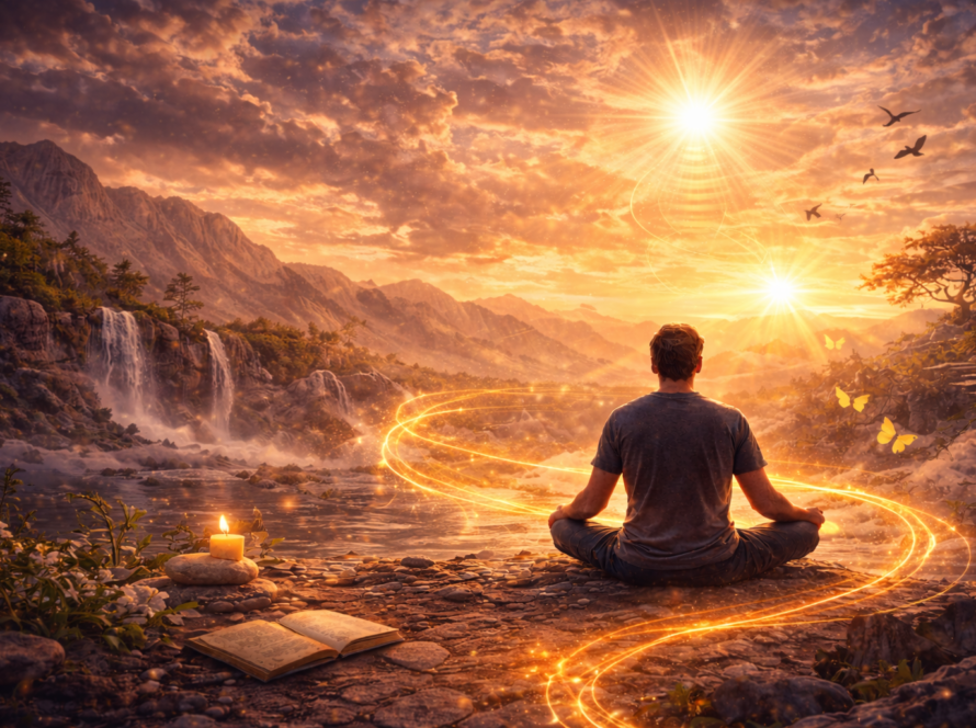 Imagen espiritual de meditación al amanecer representando equilibrio y armonización energética mediante Reiki.