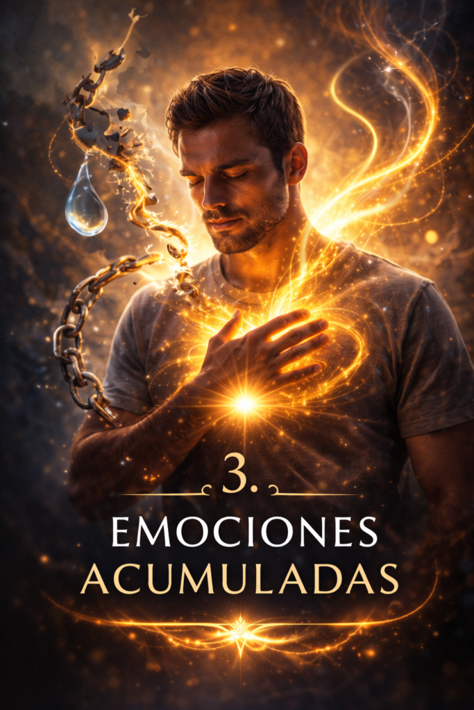 Hombre con luz dorada en el pecho simbolizando liberación emocional durante una sesión de Reiki.