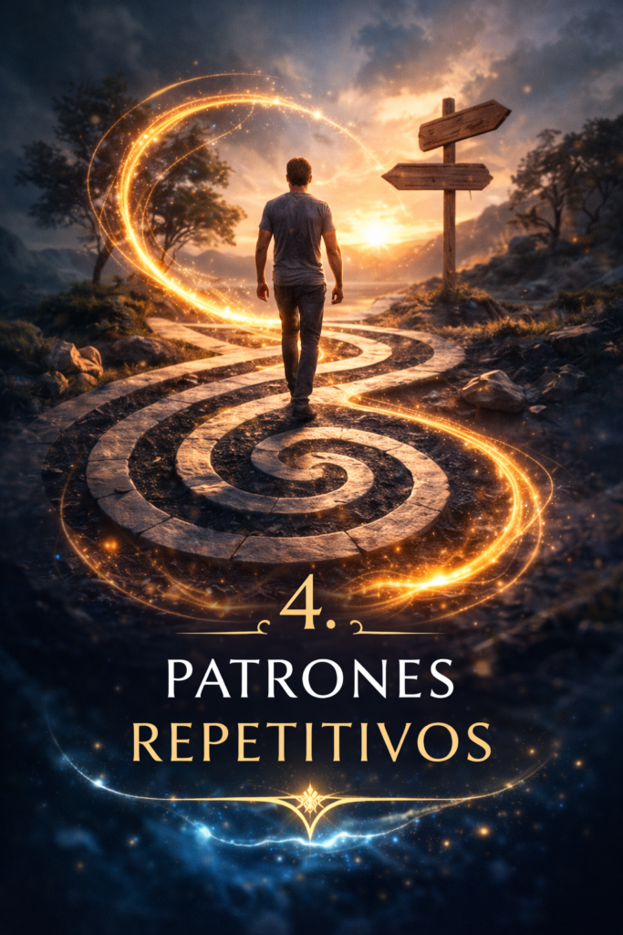 Hombre caminando sobre un camino en espiral representando patrones repetitivos y bloqueos energéticos.