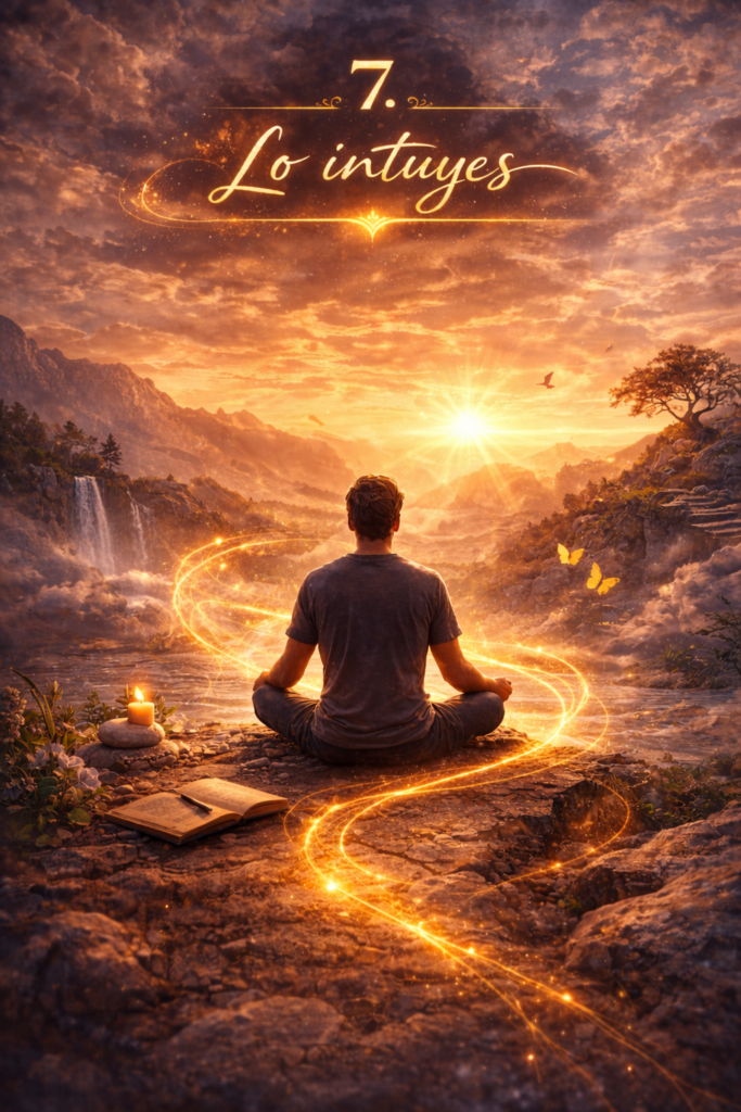 Hombre meditando frente al amanecer con energía dorada simbolizando intuición y equilibrio energético natural.