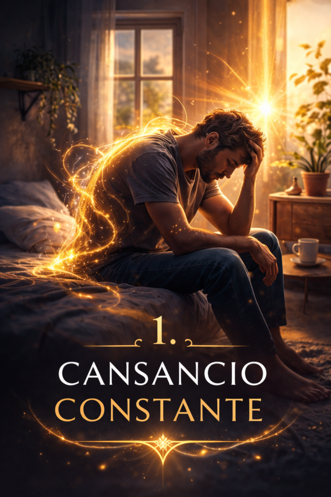 Hombre sentado en la cama con energía dorada alrededor simbolizando cansancio energético y necesidad de sesión de Reiki.