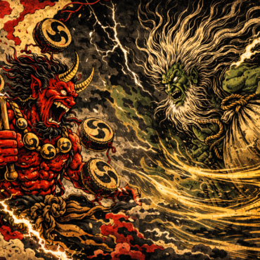 Raijin y Fujin, dioses japoneses del trueno y el viento, ilustración estilo ukiyo-e
