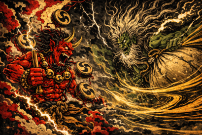 Raijin y Fujin, dioses japoneses del trueno y el viento, ilustración estilo ukiyo-e