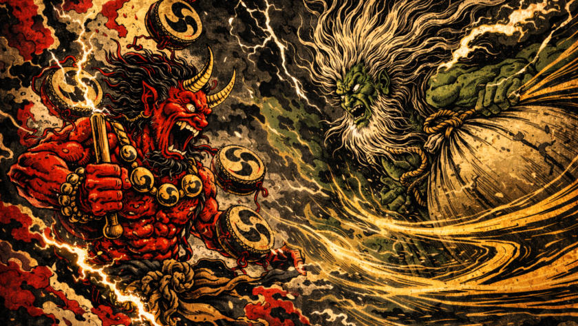 Raijin y Fujin, dioses japoneses del trueno y el viento, ilustración estilo ukiyo-e