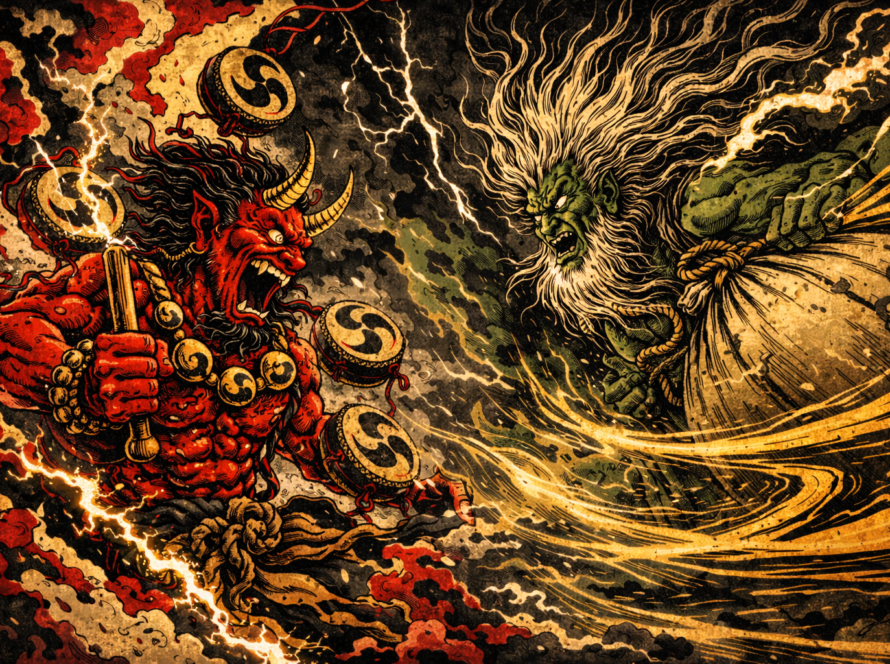 Raijin y Fujin, dioses japoneses del trueno y el viento, ilustración estilo ukiyo-e