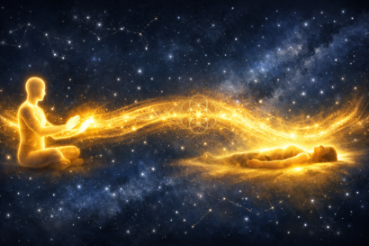 Reiki a distancia — sesión de energía fluyendo entre dos personas