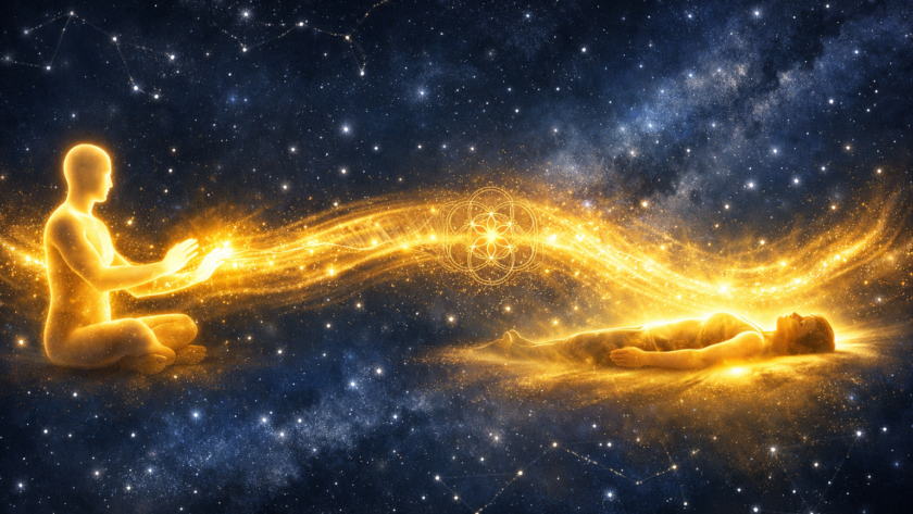 Reiki a distancia — sesión de energía fluyendo entre dos personas