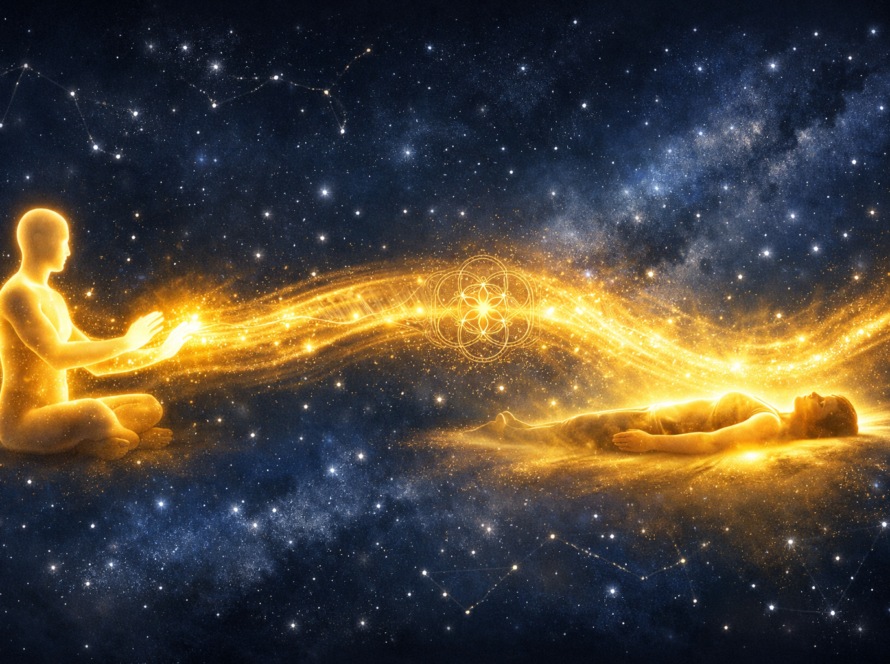 Reiki a distancia — sesión de energía fluyendo entre dos personas